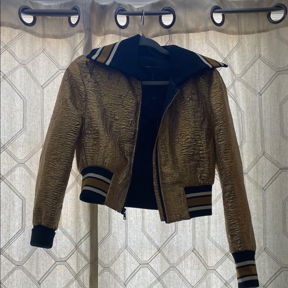 BCBGMaxAzria Gold Bomber Jacket with Striped Collar
